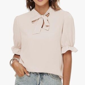 Bow Tie Neck Ruffle Trim Puff Short Sleeve Blouse